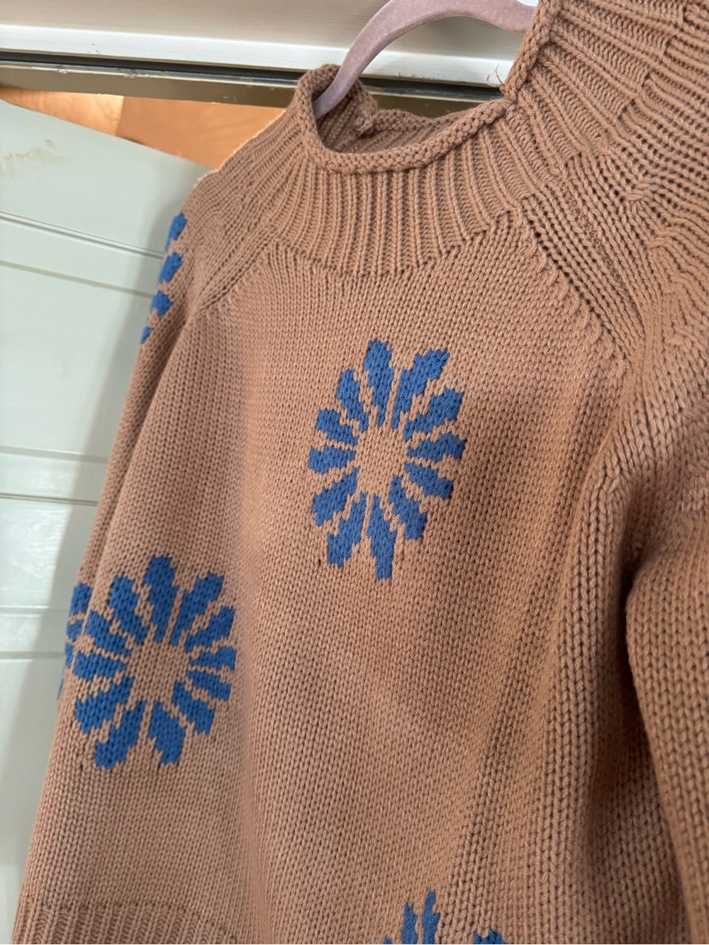 Women's tan Cowl-Neck Sweater with Blue Floral Motif - Picture 6 of 8